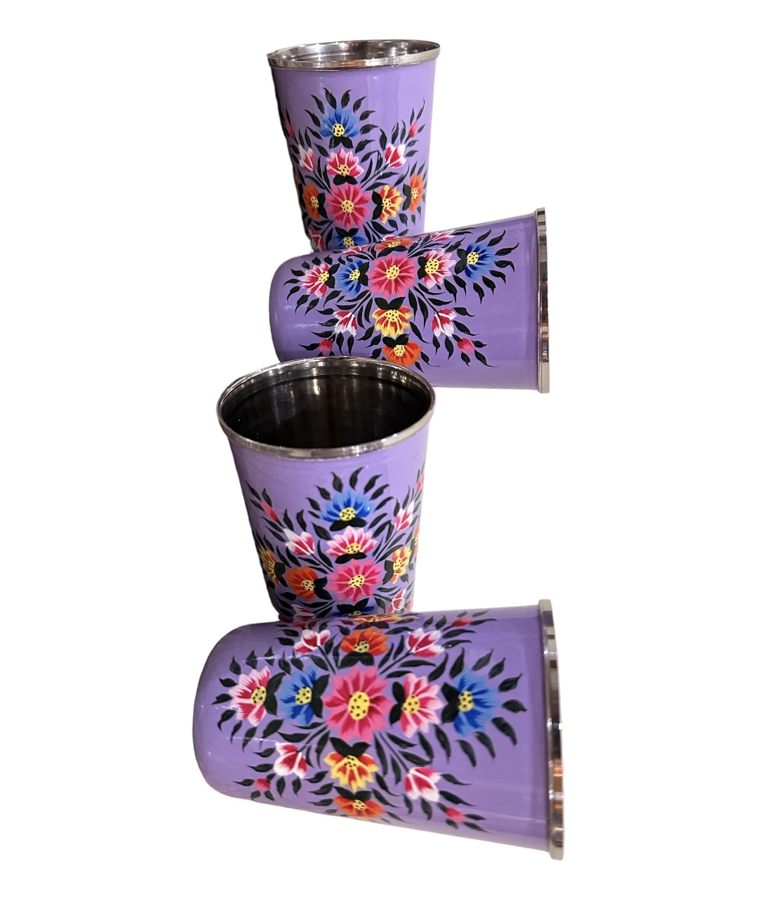 Hand painted glass,hand painted tumblers, Set of 4 Enamelware tumblers, stainless steel glass, Stainless Steel glass, hand painted steel tumblers