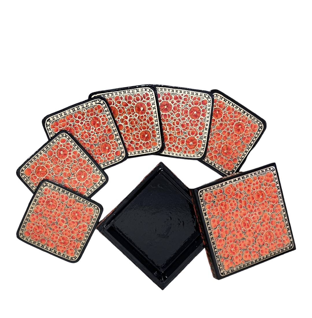 Kashmiri Paper Mache  Decorative 6 Tea Coaster Set with Trinket Box . Authentic Lacquered Paper Mache Box