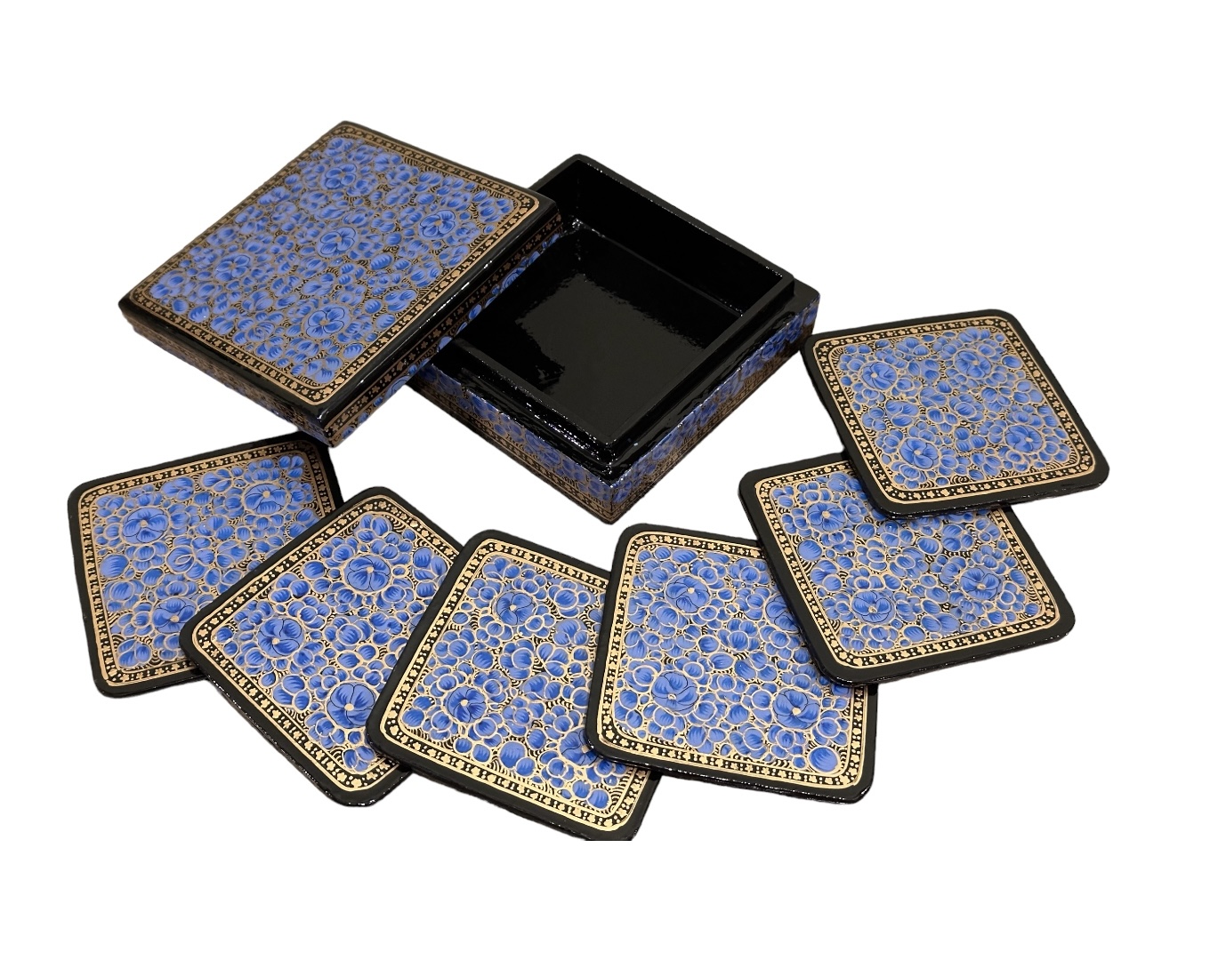 Kashmiri Paper Mache  Decorative 6 Tea Coaster Set with Trinket Box . Antique Paper Mache Box 