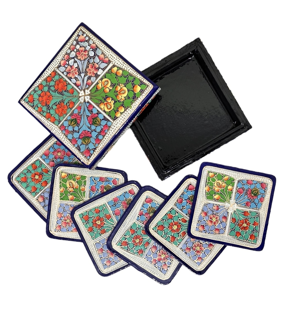 Hand Painted Kashmiri Paper Mache  Decorative 6 Tea Coaster Set with Trinket Box . Antique Paper Mache Box