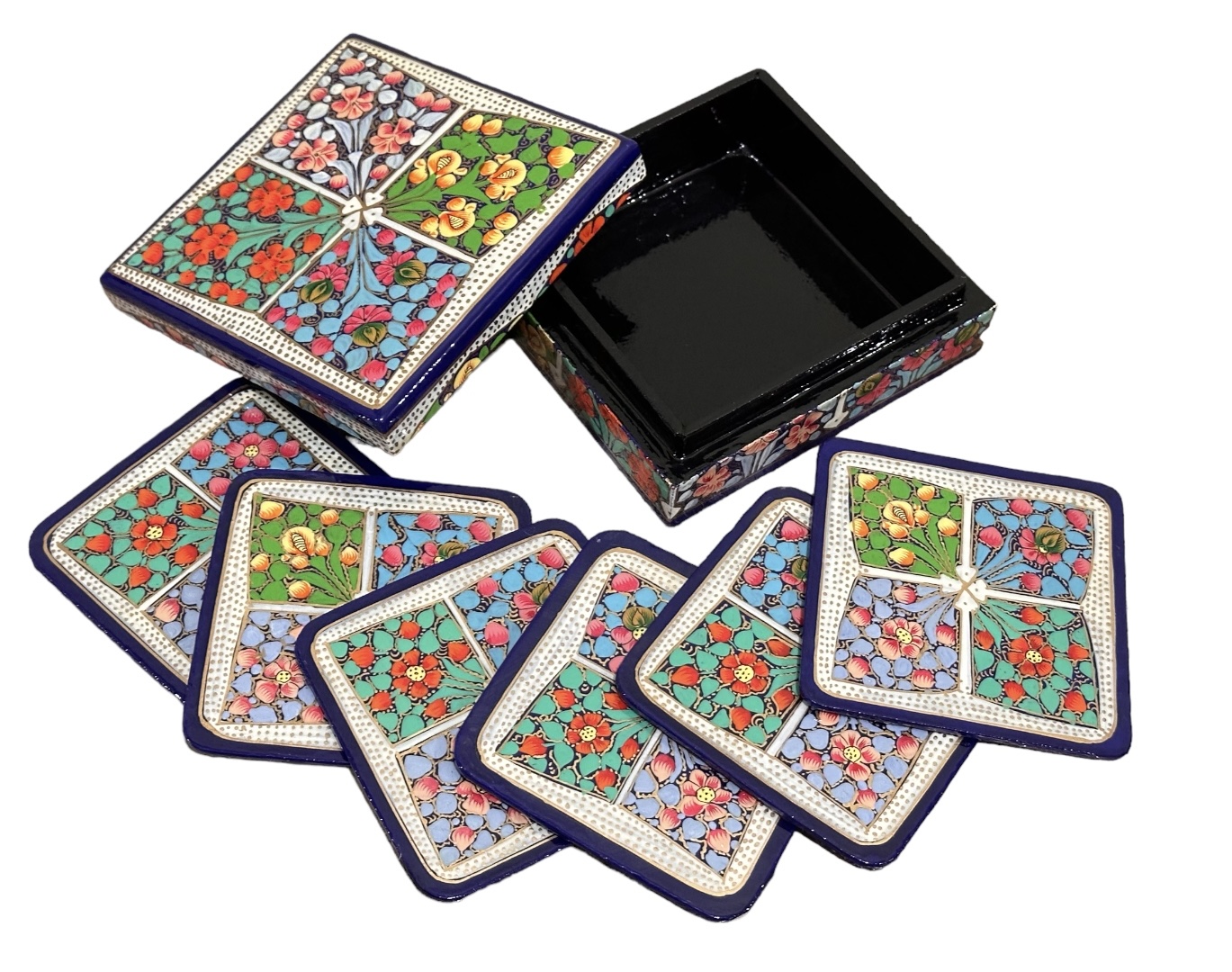Hand Painted Kashmiri Paper Mache  Decorative 6 Tea Coaster Set with Trinket Box . Antique Paper Mache Box