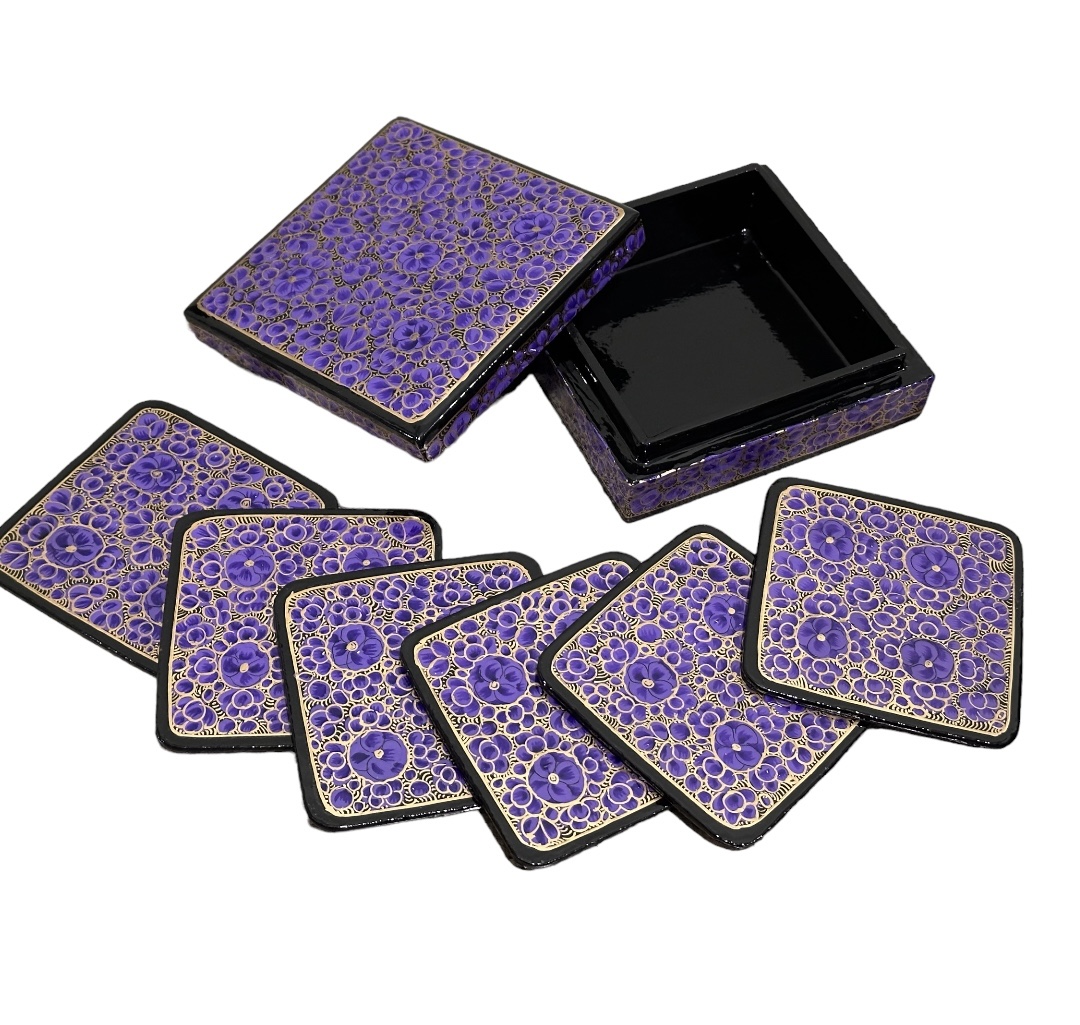Kashmiri Paper Mache  Decorative 6 Tea Coaster Set with Trinket Box . Unique Paper Mache Box 