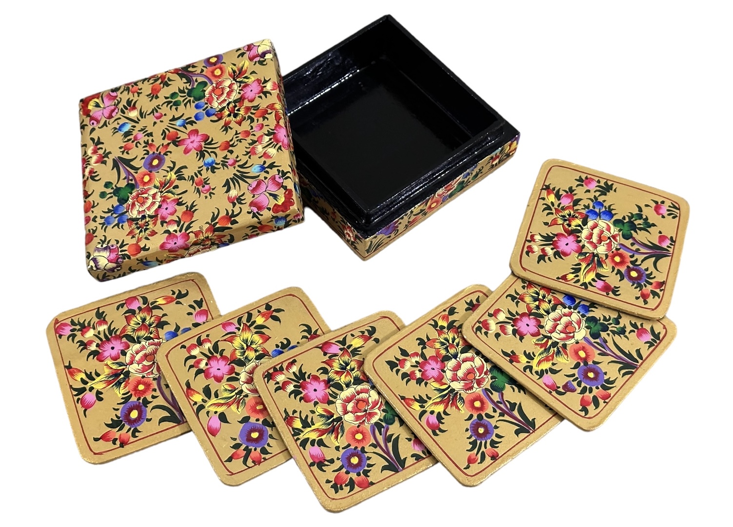 Kashmiri Paper Mache  Decorative 6 Tea Coaster Set with Trinket Box . Authentic Lacquered Paper Mache Box from Kashmir
