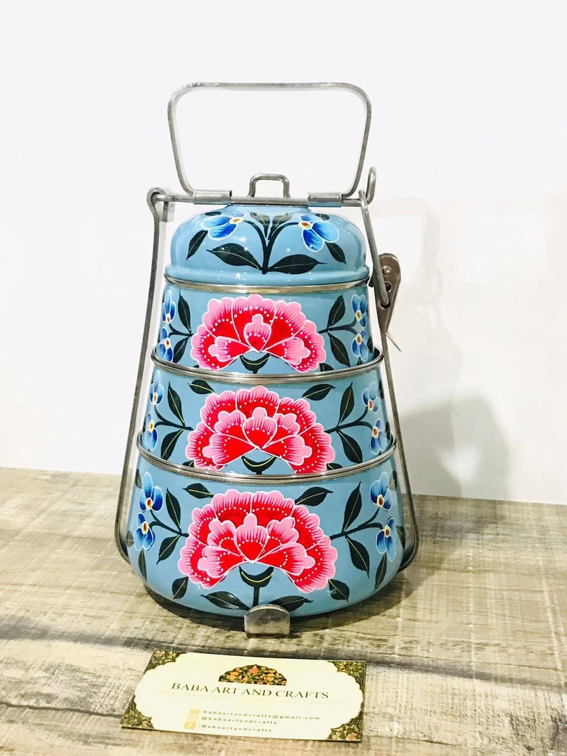 Hand Painted lunch box, stainless steel lunch box, hand painted tiffin box, floral design lunch box, Indian tiffin box, 3 tier pot belly box
