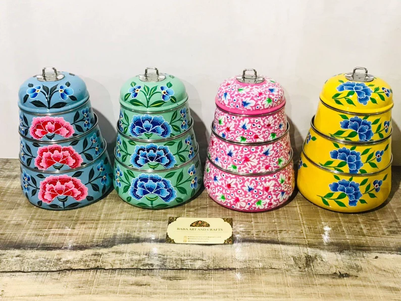 Hand painted lunch box ,Enamel ware lunch box, hand painted tiffin box, pot belly lunch box, handpainted lunch box, Enamel ware tiffin box