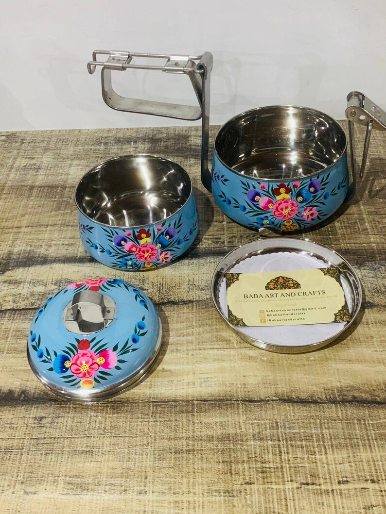 Enamelware tiffin box,Indian tiffin box,hand painted tiffin box,steel lunch box,kashmiri handicrafts, enamelware lunch box,2 tier lunch box
