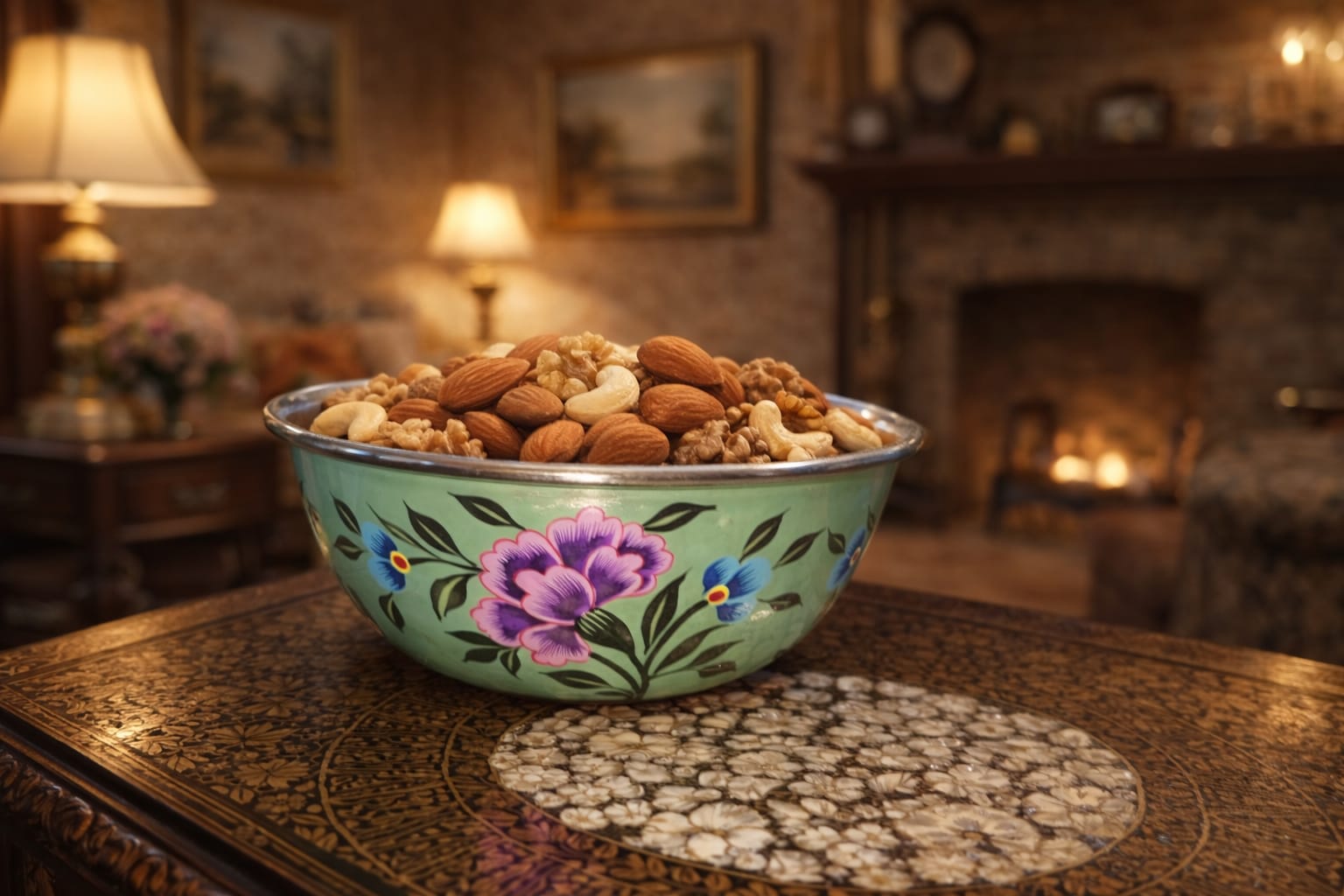 Hand-Painted Kashmiri Floral Enamelware Fruit Bowl - Baba Art & Crafts