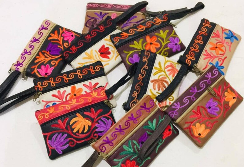 Set of 8,Suede leather purse,Kashmiri handbags,leather pouches,Handmade Leather Purse for women,crewel embroidery,handmade pouches,hand embroidery
