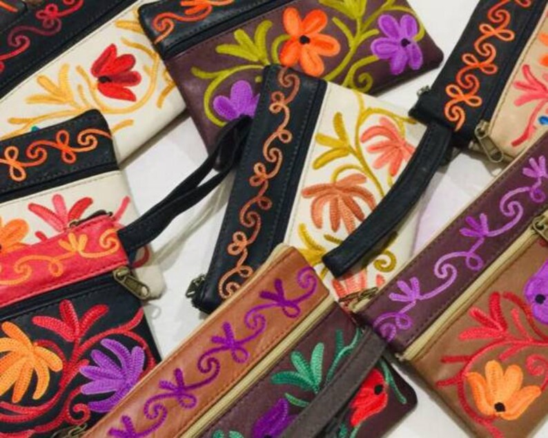 Set of 8,Suede leather purse,Kashmiri handbags,leather pouches,Handmade Leather Purse for women,crewel embroidery,handmade pouches,hand embroidery