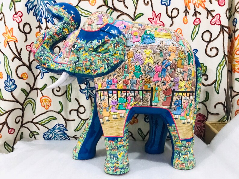 Handmade Elephant Sculpture, 56 cm, Paper Mache Elephant hand painted Mughal Design, Kashmiri Paper Mache, Antique Elephant Statue for decor