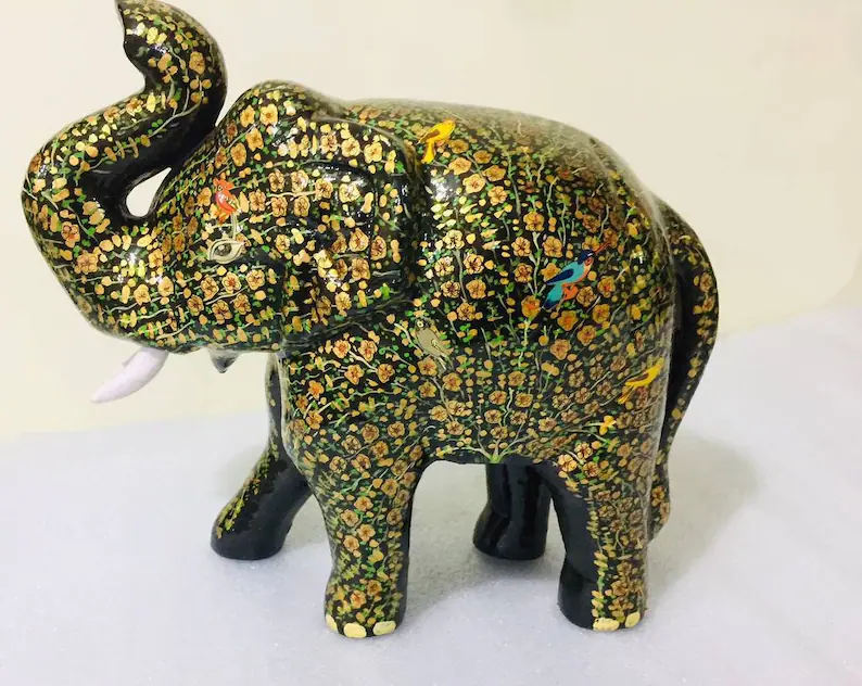 Paper mache elephant sculpture hand painted,trunk up elephant statue,vintage paper mache animal sculpture from Kashmir embosed floral design