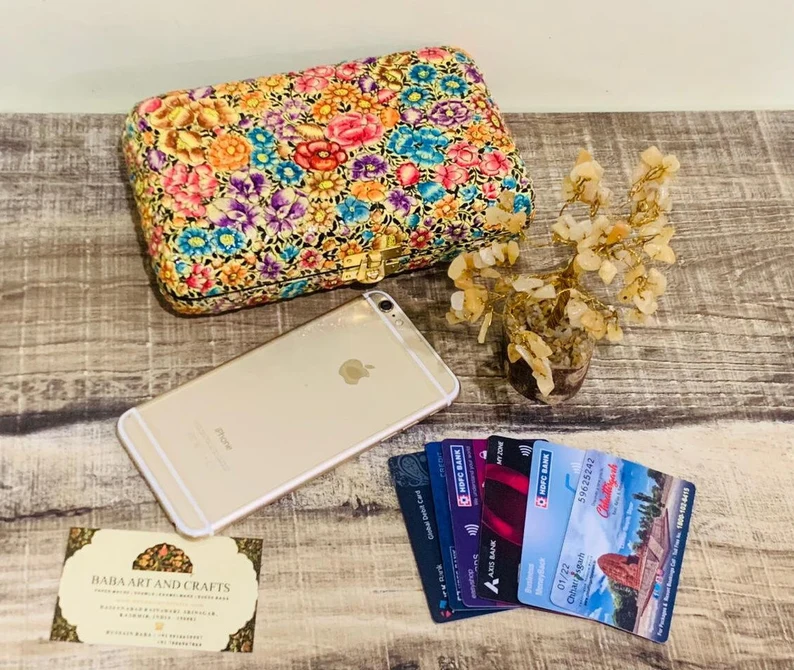 Paper Mache Wallet, Clutches with handpainted paper mache art, Papier mache clutches from Kashmir